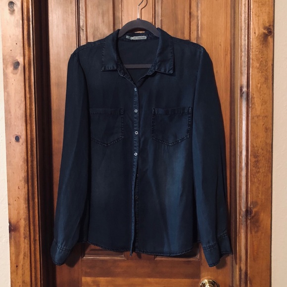 Dark Demin Button Down Blouse with back slit - Picture 1 of 7
